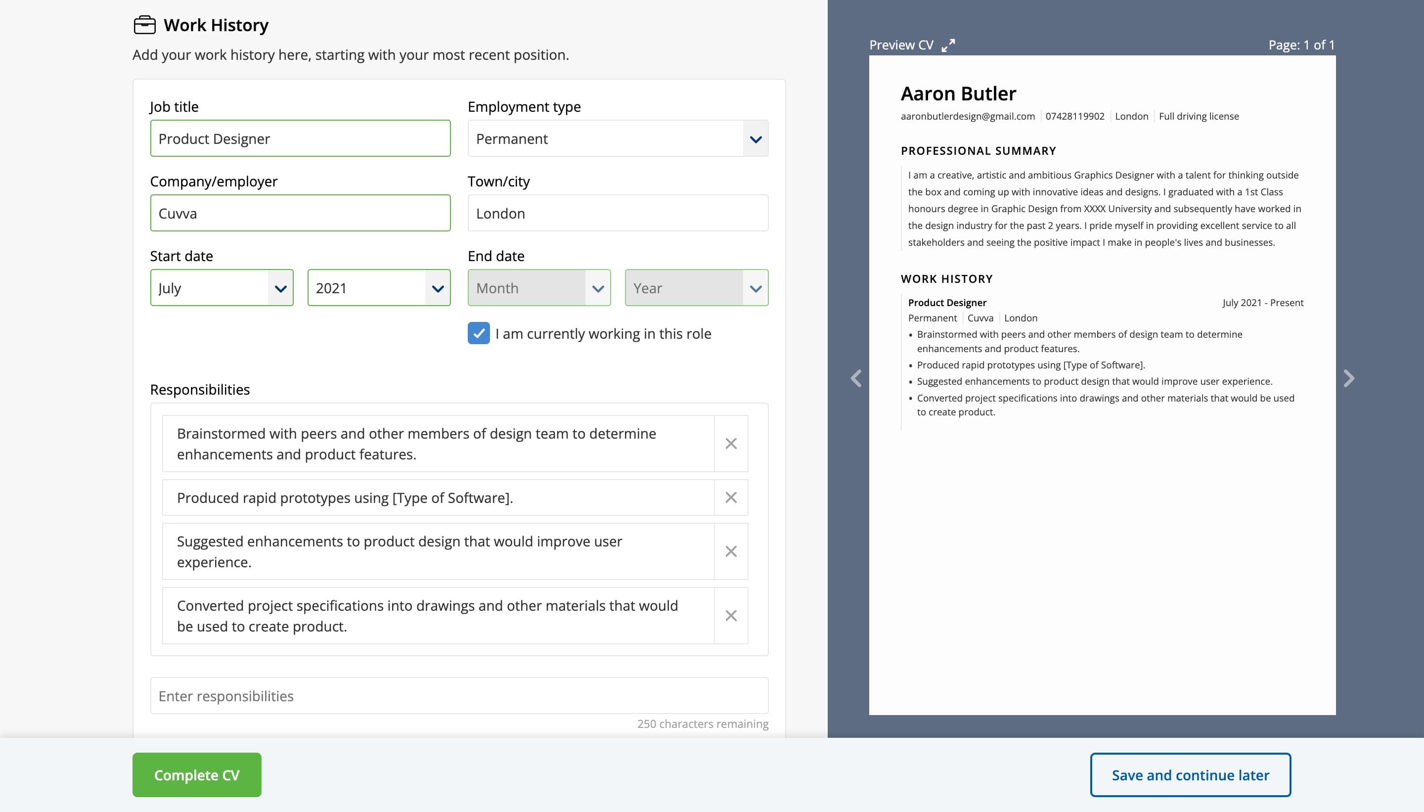 Entering your work history with CV Library