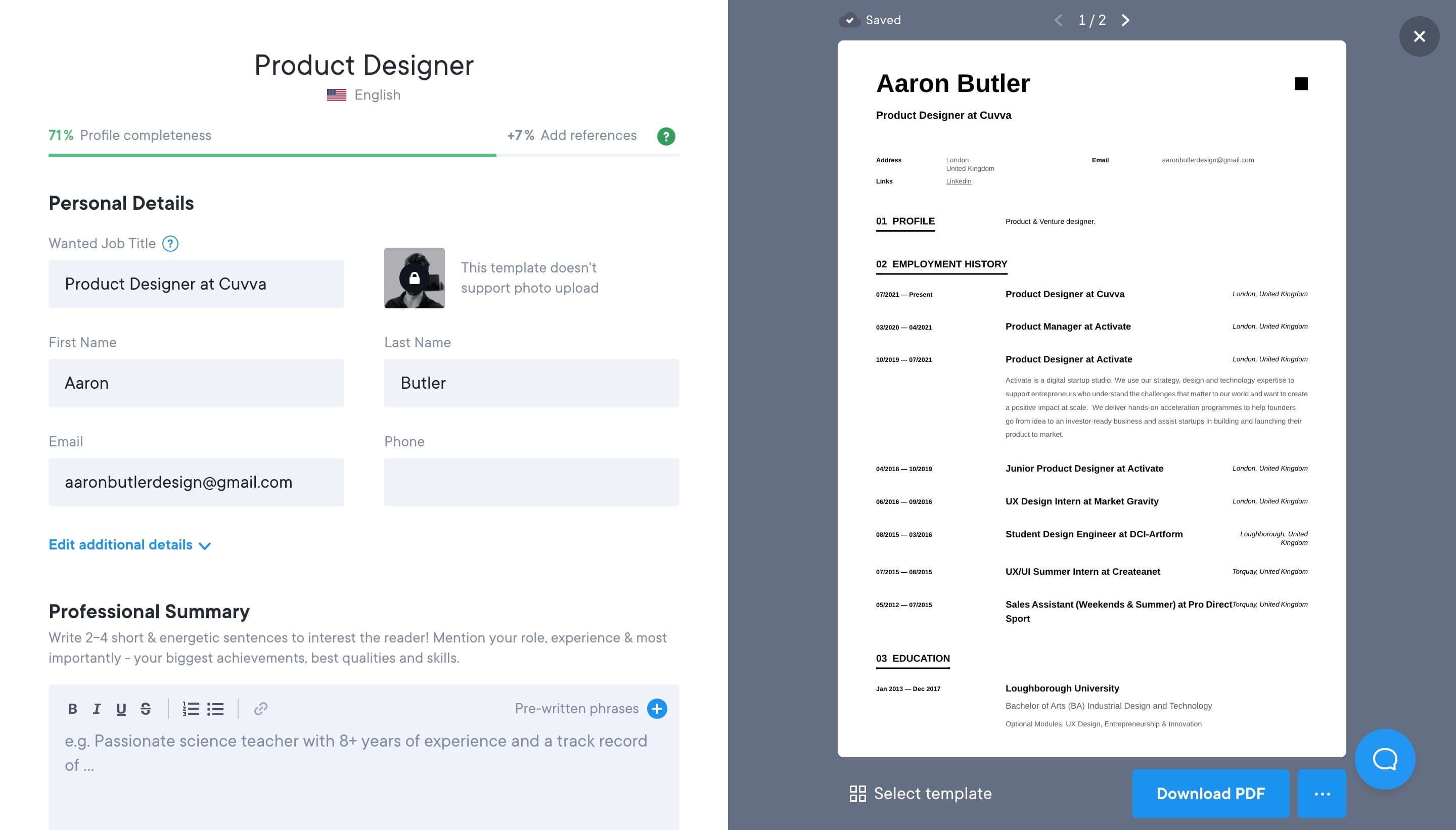 Building your resume with Resume.io